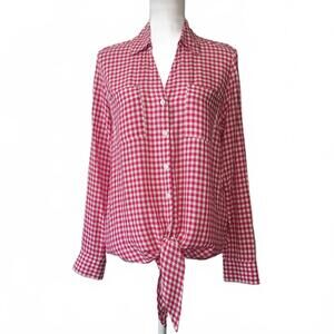 Jones New York Plaid Button Down V Neck Pocket 3/4 Long Sleeve Tie Pink White S